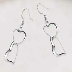 Sterling Silver Double Heart Dangle Earrings - Women Jewelry